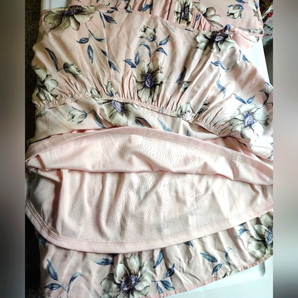 Entro floral Tunic Sundress Ruffles V-neck Rayon Pink oversized S. - Picture 7 of 16